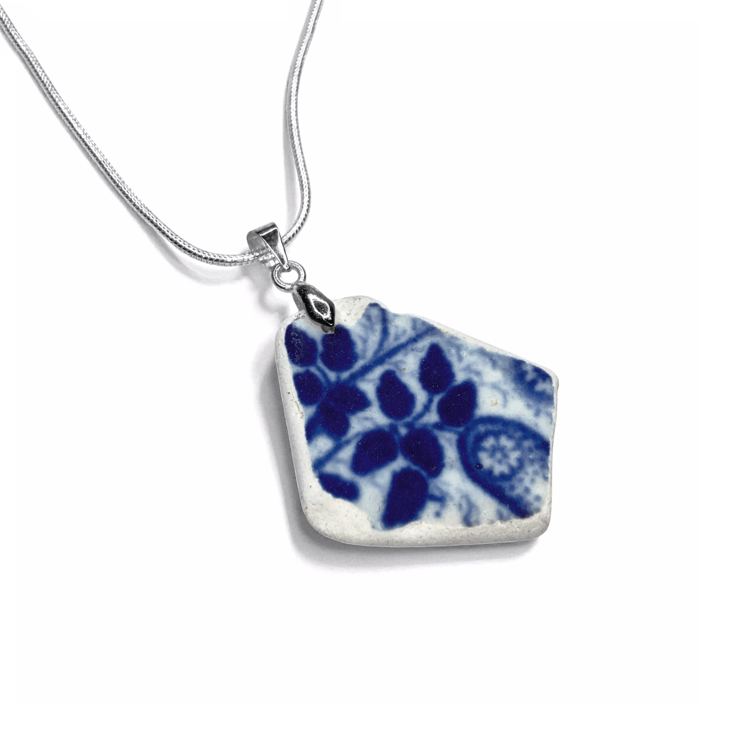 Sea Pottery Pendant - Antique Beach China - Blue Leaf Pattern Necklace - East Neuk Beach Crafts