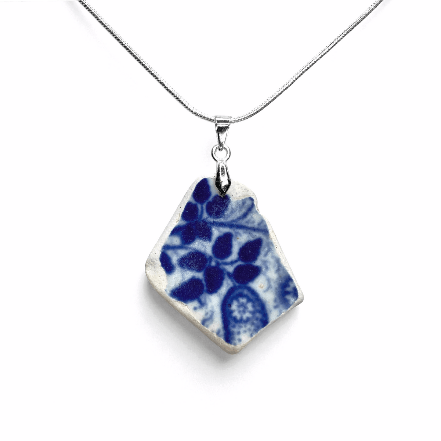 Sea Pottery Pendant - Antique Beach China - Blue Leaf Pattern Necklace - East Neuk Beach Crafts
