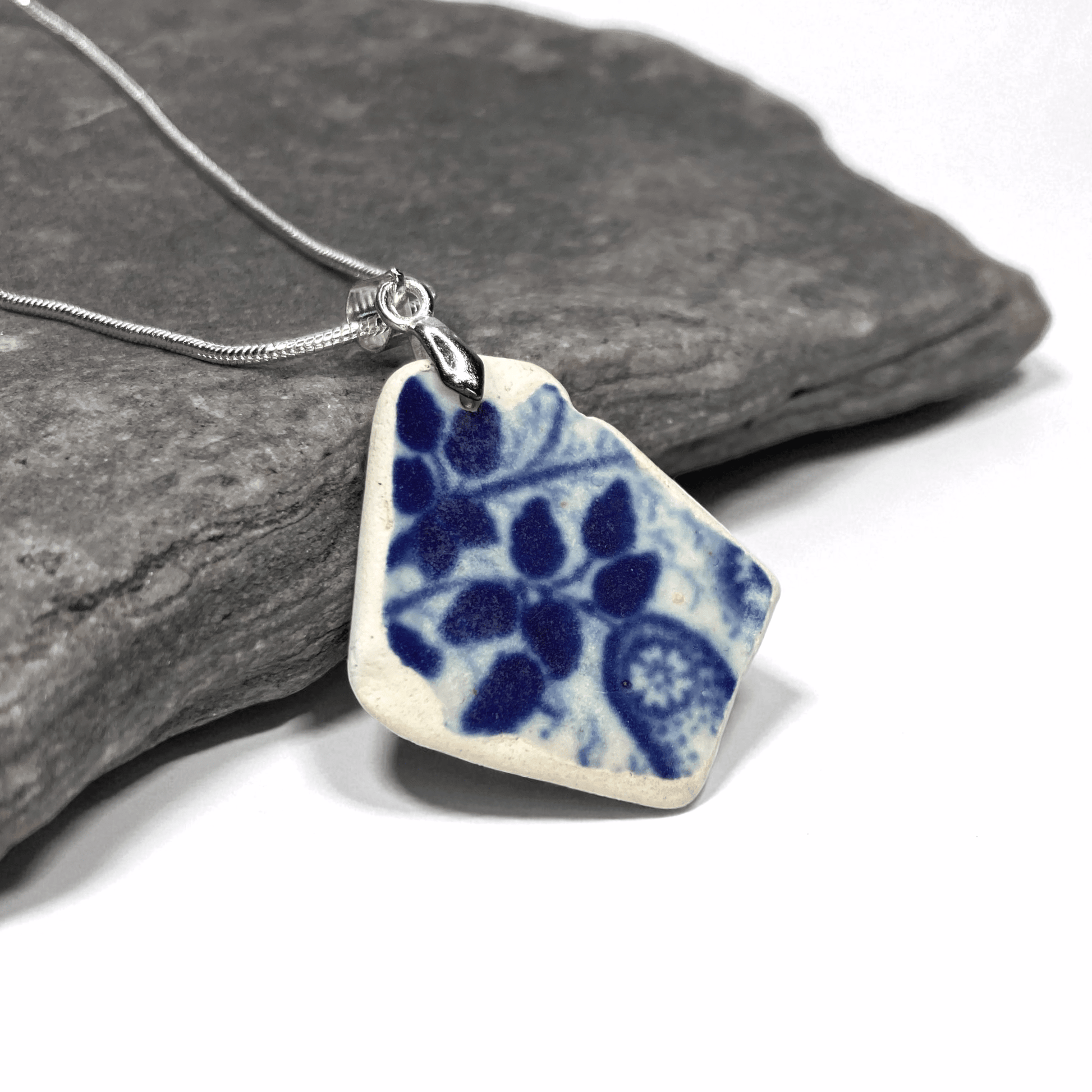 Sea Pottery Pendant - Antique Beach China - Blue Leaf Pattern Necklace - East Neuk Beach Crafts