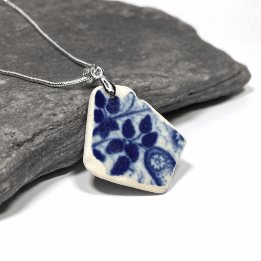 Sea Pottery Pendant - Antique Beach China - Blue Leaf Pattern Necklace - East Neuk Beach Crafts