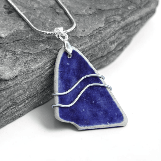 Sea Pottery Pendant - Antique Beach China - Blue Ripples Necklace - East Neuk Beach Crafts