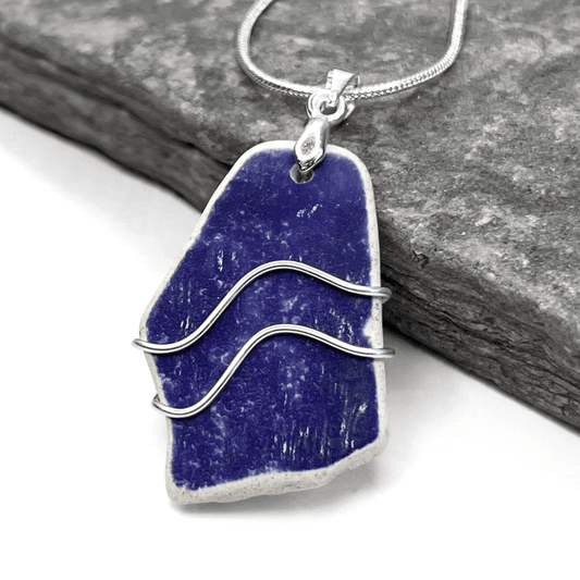 Sea Pottery Pendant - Antique Beach China - Blue Ripples Necklace - East Neuk Beach Crafts