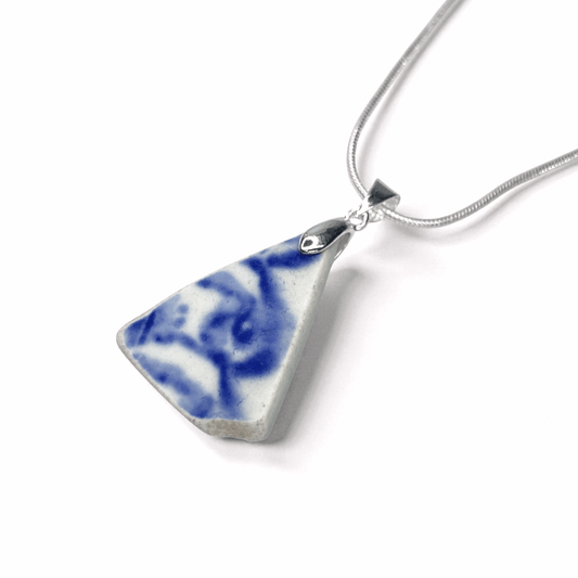 Sea Pottery Pendant - Antique Beach China - Blue Spongeware Necklace - East Neuk Beach Crafts