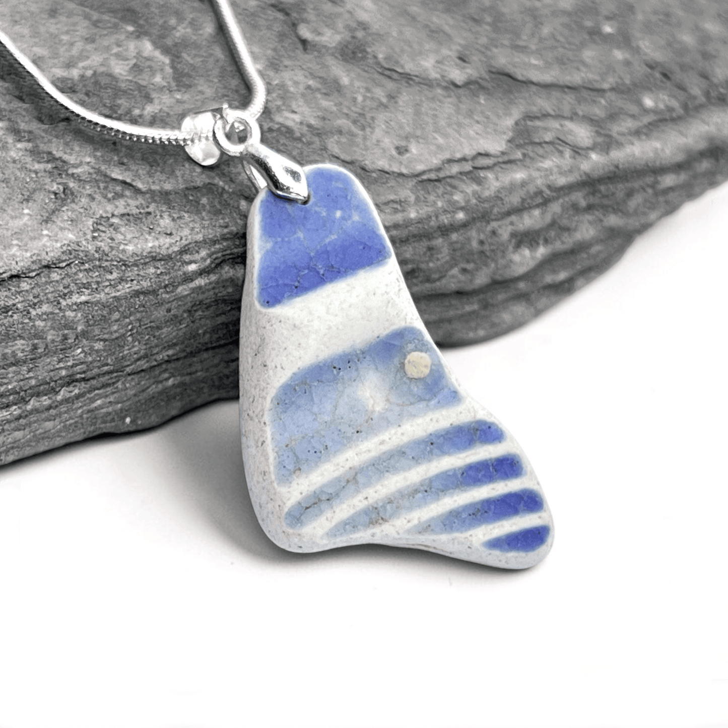 Sea Pottery Pendant - Antique Beach China - Blue Stripes Pattern Necklace - East Neuk Beach Crafts