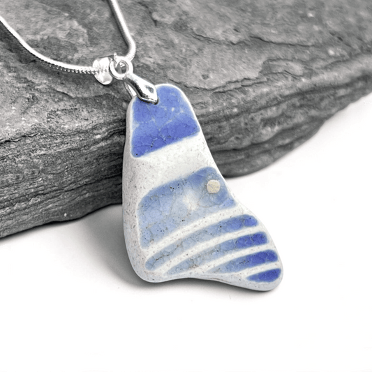 Sea Pottery Pendant - Antique Beach China - Blue Stripes Pattern Necklace - East Neuk Beach Crafts