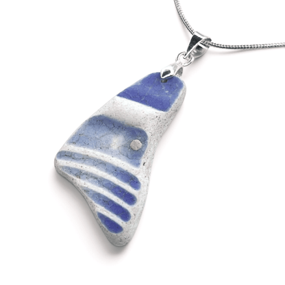 Sea Pottery Pendant - Antique Beach China - Blue Stripes Pattern Necklace - East Neuk Beach Crafts