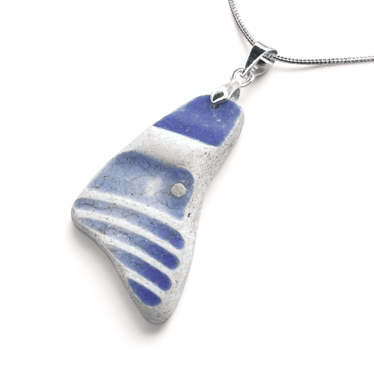 Sea Pottery Pendant - Antique Beach China - Blue Stripes Pattern Necklace - East Neuk Beach Crafts