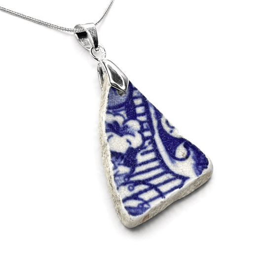 Sea Pottery Pendant - Antique Beach China - Blue Transferware Necklace - East Neuk Beach Crafts