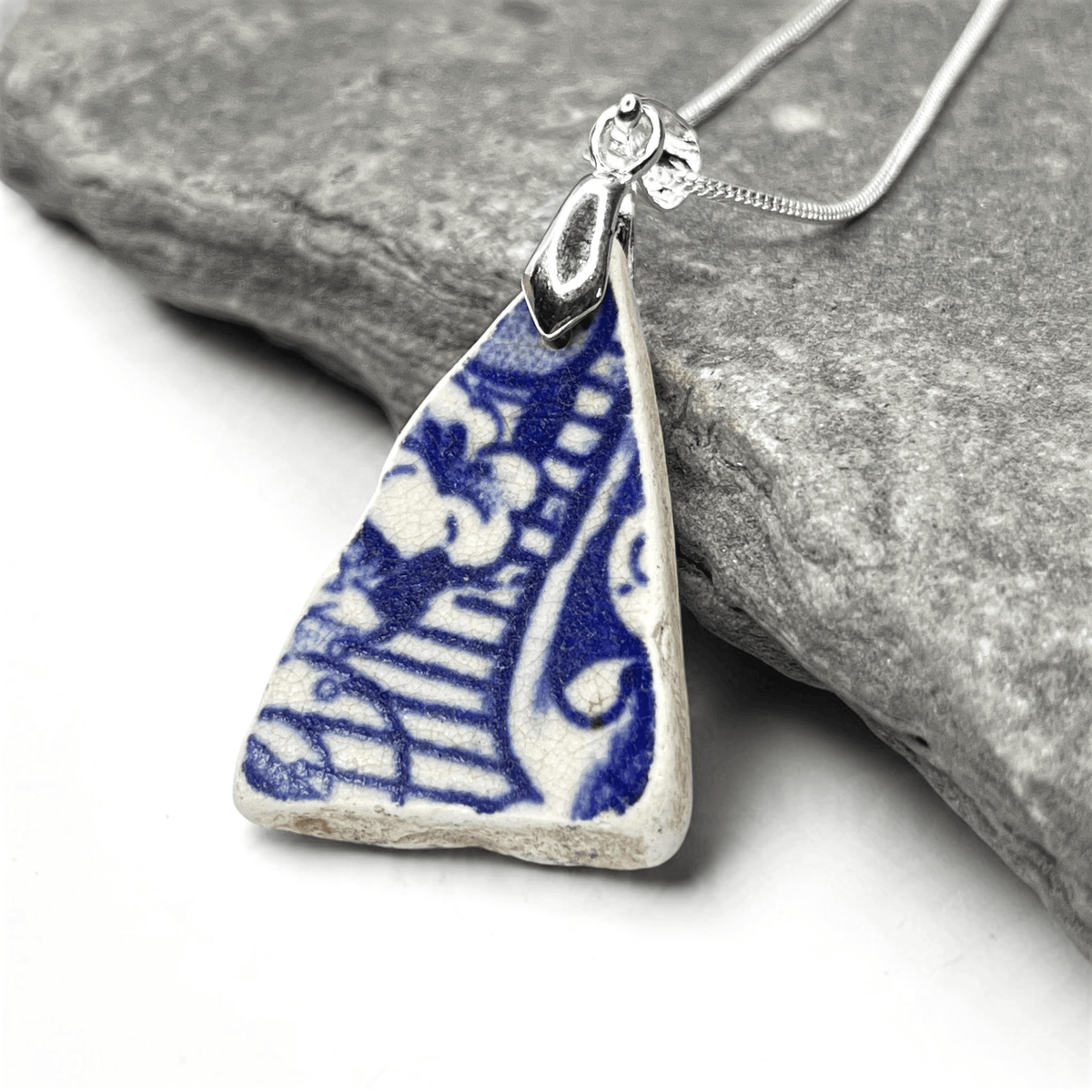 Sea Pottery Pendant - Antique Beach China - Blue Transferware Necklace - East Neuk Beach Crafts