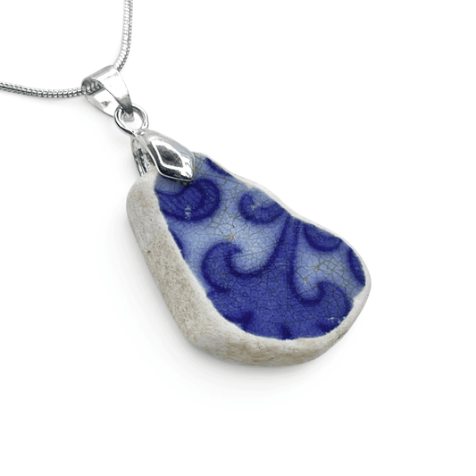 Sea Pottery Pendant - Antique Beach China - Blue Transferware Necklace - East Neuk Beach Crafts