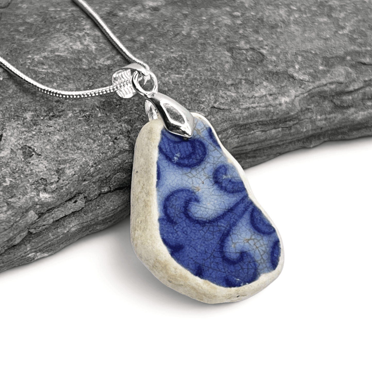 Sea Pottery Pendant - Antique Beach China - Blue Transferware Necklace - East Neuk Beach Crafts