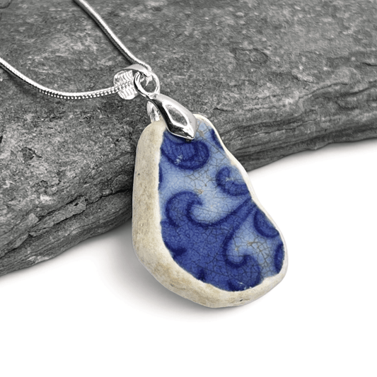 Sea Pottery Pendant - Antique Beach China - Blue Transferware Necklace - East Neuk Beach Crafts