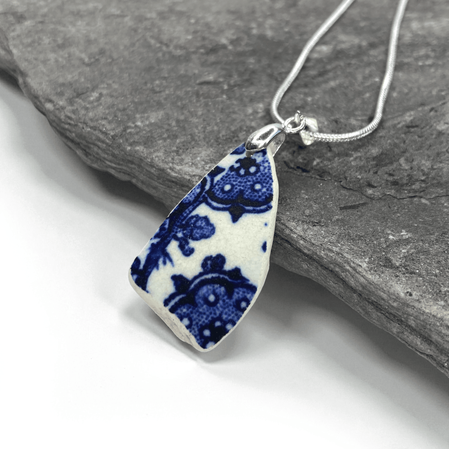 Sea Pottery Pendant - Antique Beach China - Blue Transferware “Owls” Necklace - East Neuk Beach Crafts