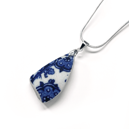 Sea Pottery Pendant - Antique Beach China - Blue Transferware “Owls” Necklace - East Neuk Beach Crafts