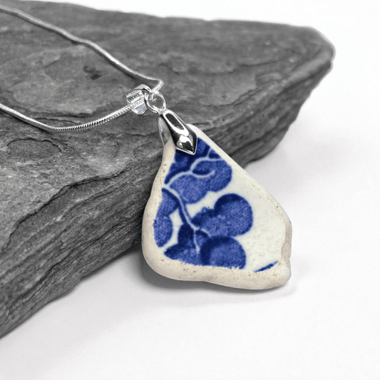 Sea Pottery Pendant - Antique Beach China - Blue Tree Willow Pattern Necklace - East Neuk Beach Crafts