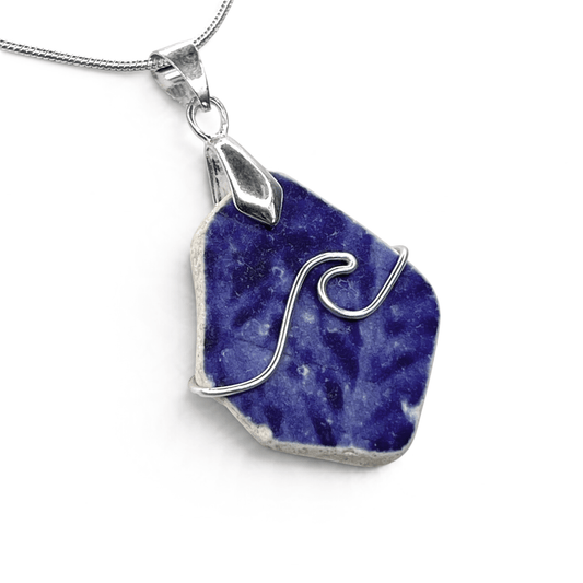 Sea Pottery Pendant - Antique Beach China - Blue Wave Necklace - East Neuk Beach Crafts
