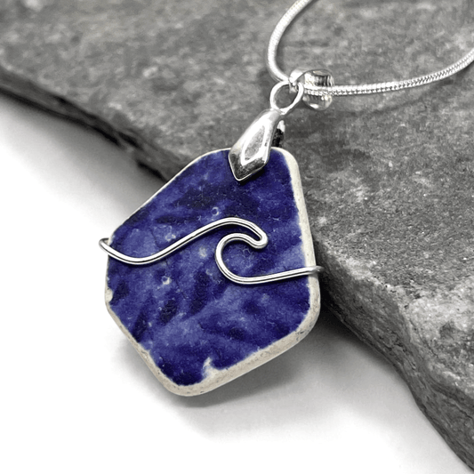 Sea Pottery Pendant - Antique Beach China - Blue Wave Necklace - East Neuk Beach Crafts