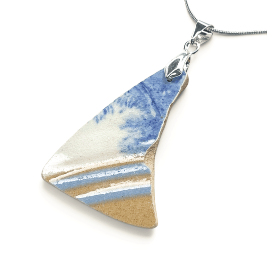 Sea Pottery Pendant - Antique Beach China - Brown and Blue Stripy Necklace - East Neuk Beach Crafts