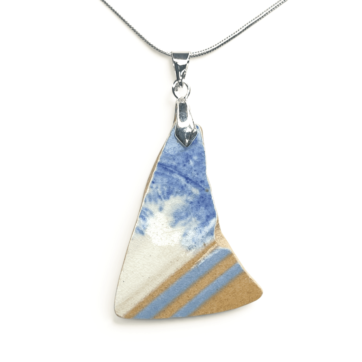 Sea Pottery Pendant - Antique Beach China - Brown and Blue Stripy Necklace - East Neuk Beach Crafts