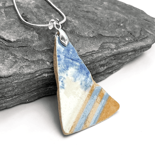 Sea Pottery Pendant - Antique Beach China - Brown and Blue Stripy Necklace - East Neuk Beach Crafts