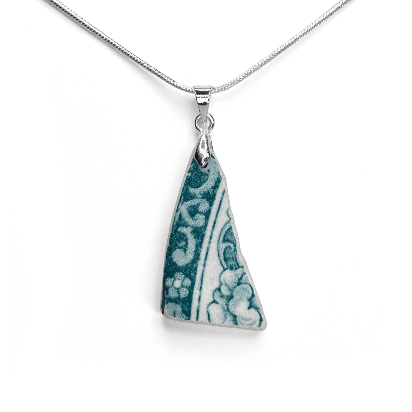 Sea Pottery Pendant - Antique Beach China - Green Floral Necklace - East Neuk Beach Crafts