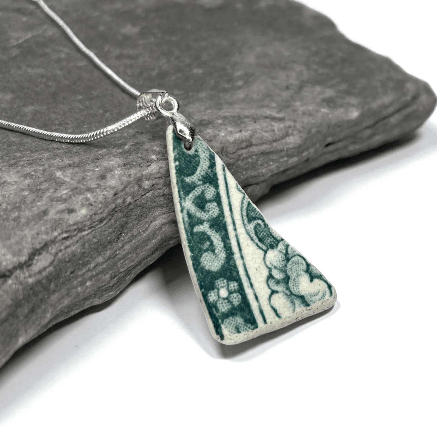 Sea Pottery Pendant - Antique Beach China - Green Floral Necklace - East Neuk Beach Crafts