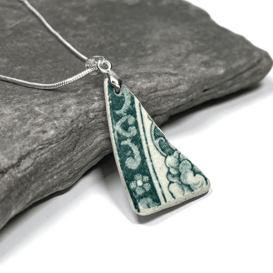 Sea Pottery Pendant - Antique Beach China - Green Floral Necklace - East Neuk Beach Crafts