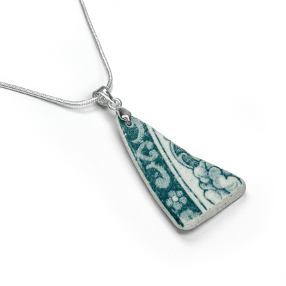 Sea Pottery Pendant - Antique Beach China - Green Floral Necklace - East Neuk Beach Crafts