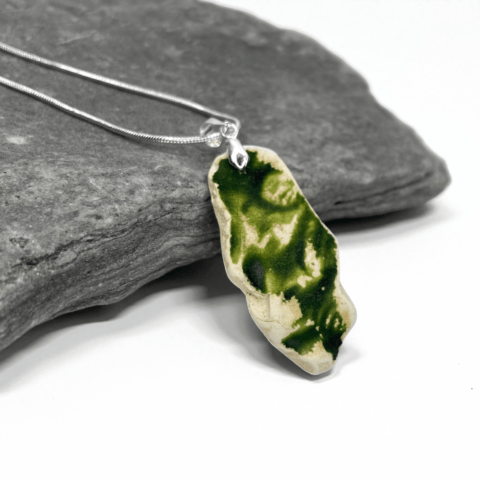 Sea Pottery Pendant - Antique Beach China - Green Textured Pattern Necklace - East Neuk Beach Crafts