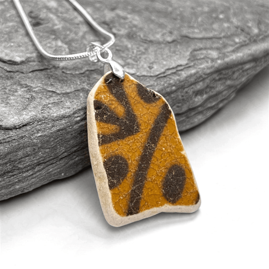 Sea Pottery Pendant - Antique Beach China - Orange and Brown Necklace - East Neuk Beach Crafts
