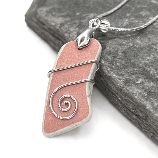 Sea Pottery Pendant - Antique Beach China - Pink Celtic Necklace - East Neuk Beach Crafts