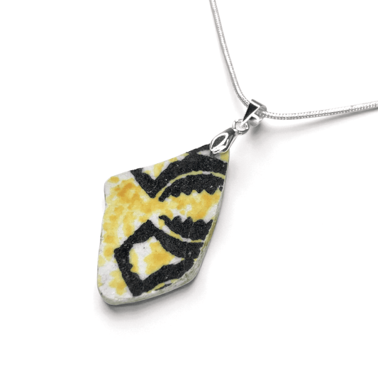 Sea Pottery Pendant - Antique Beach China - Yellow & Black Necklace - East Neuk Beach Crafts