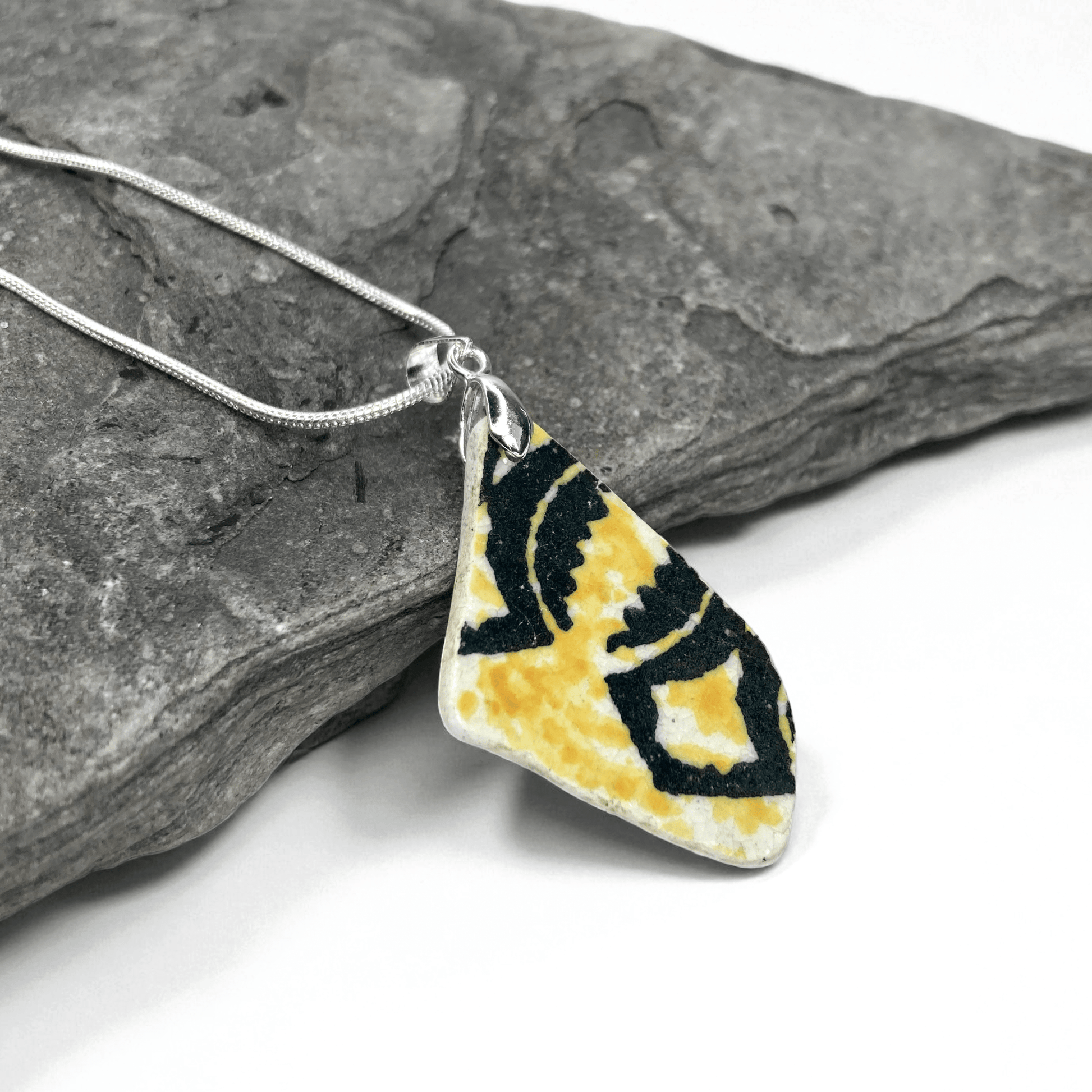 Sea Pottery Pendant - Antique Beach China - Yellow & Black Necklace - East Neuk Beach Crafts