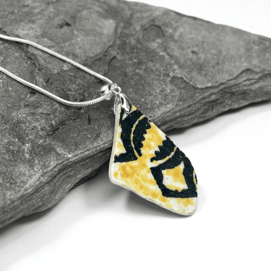 Sea Pottery Pendant - Antique Beach China - Yellow & Black Necklace - East Neuk Beach Crafts