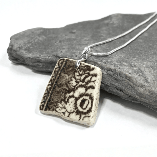 Sea Pottery Pendant - Antique Brown Flower Necklace - East Neuk Beach Crafts