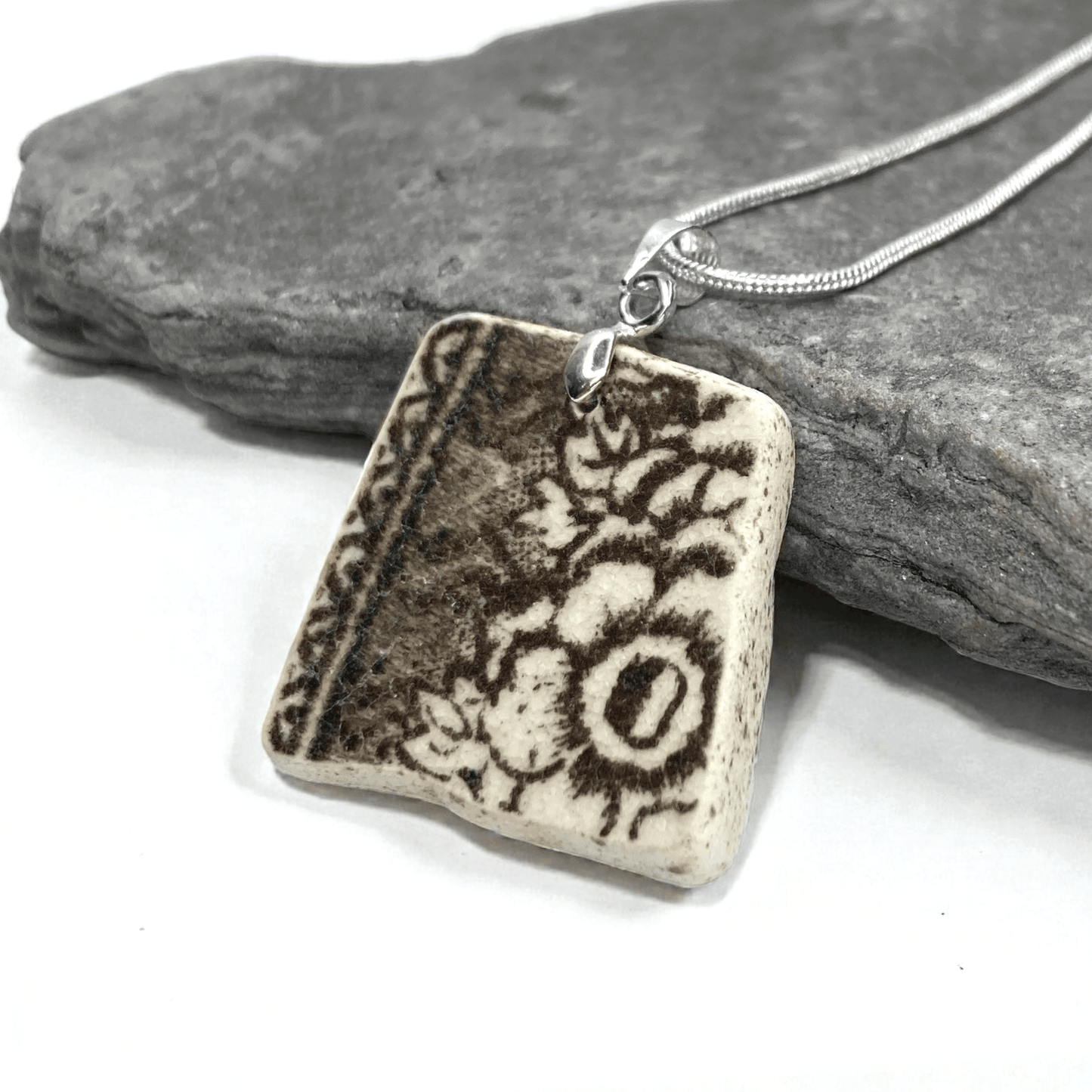 Sea Pottery Pendant - Antique Brown Flower Necklace - East Neuk Beach Crafts