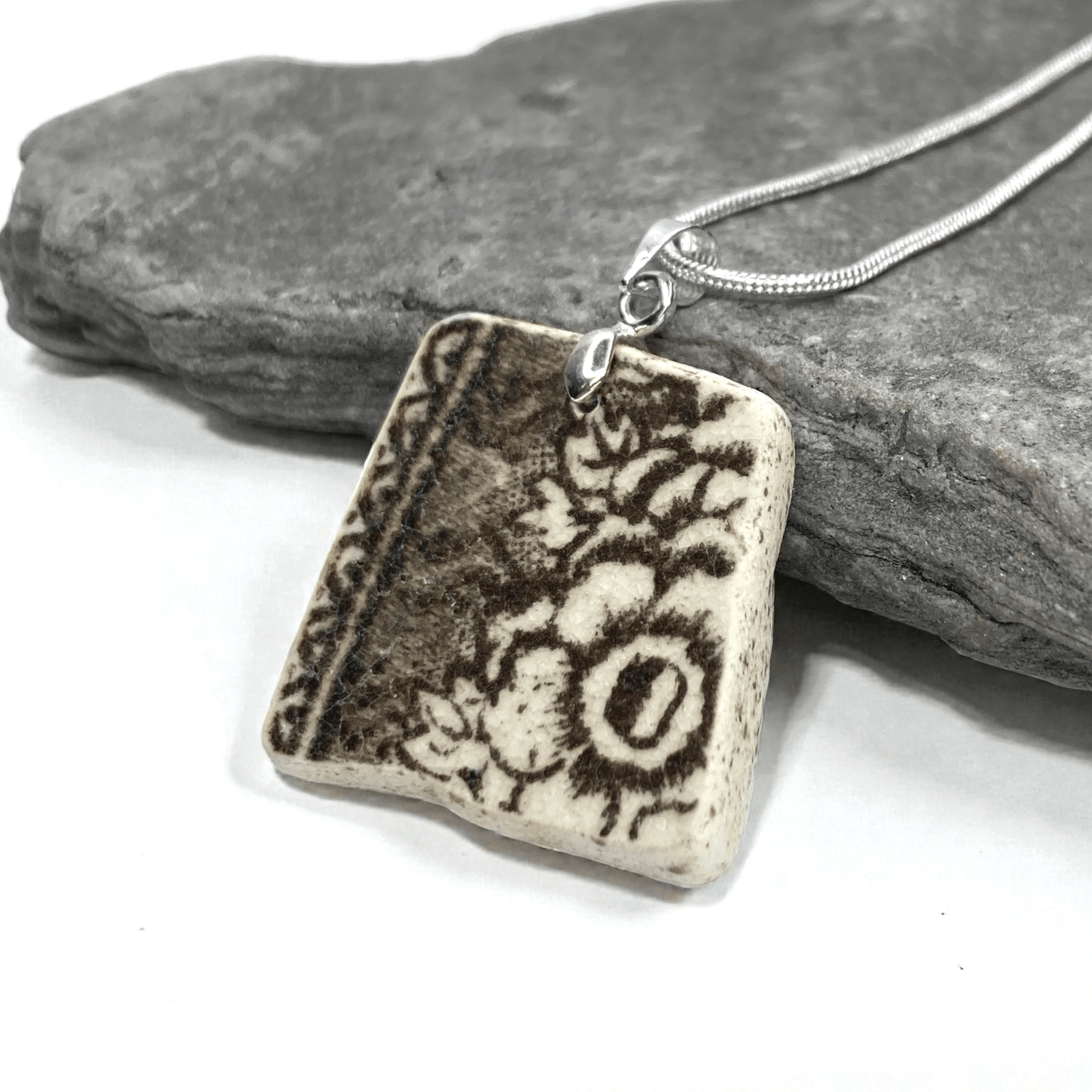 Sea Pottery Pendant - Antique Brown Flower Necklace - East Neuk Beach Crafts