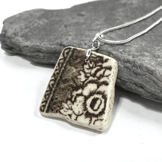 Sea Pottery Pendant - Antique Brown Flower Necklace - East Neuk Beach Crafts
