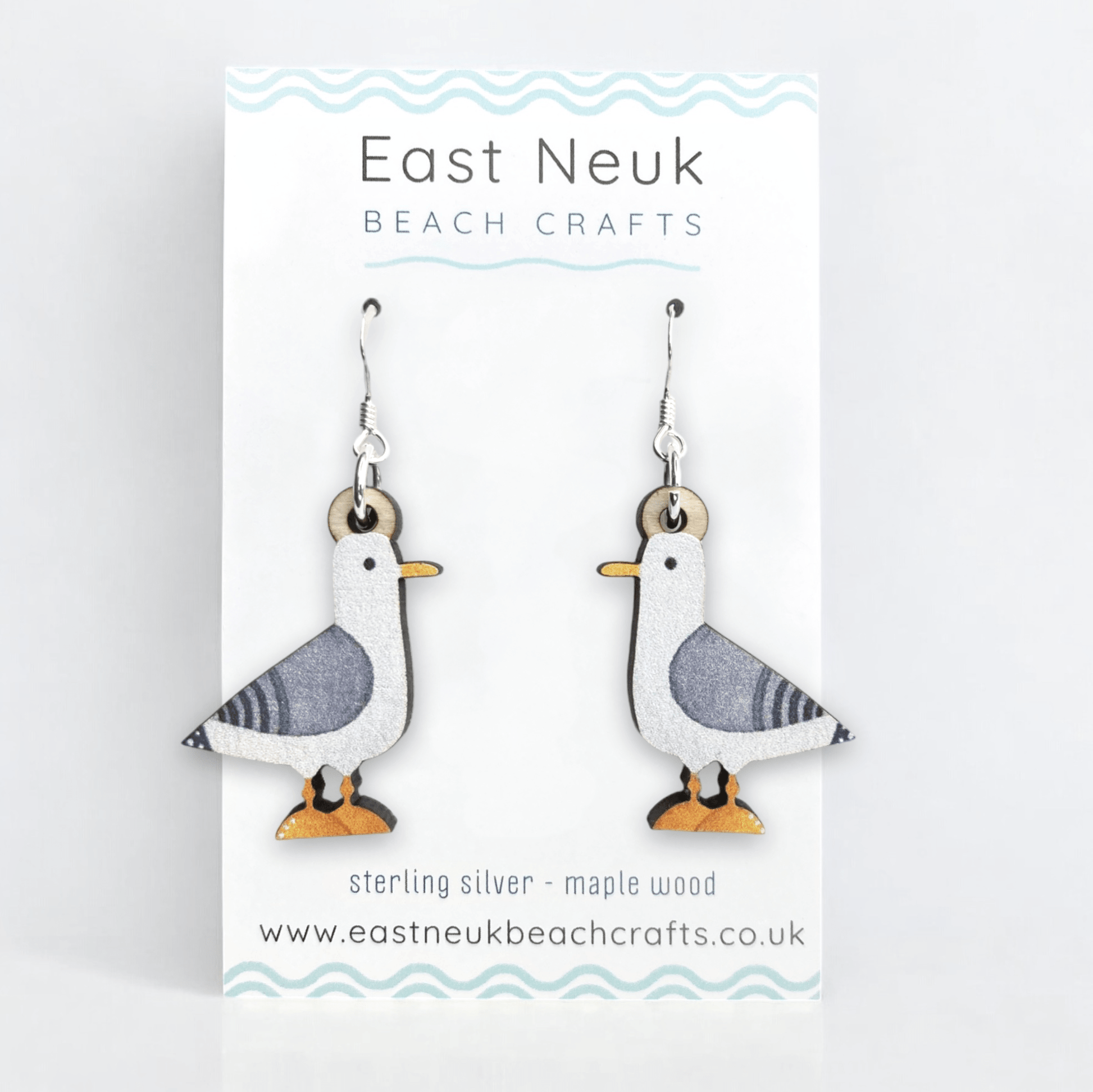 Seagull Earrings - Sterling Silver and Maple Wood - East Neuk Beach Crafts