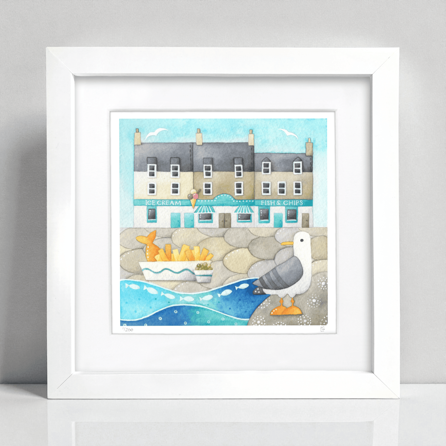 Seagull Framed Print - Anstruther Fish Bar - Seaside Watercolour
