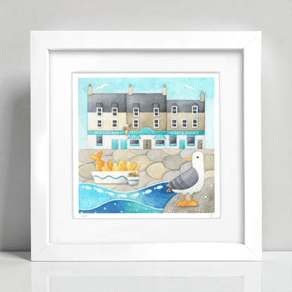 Seagull Framed Print - Anstruther Fish Bar - Seaside Watercolour