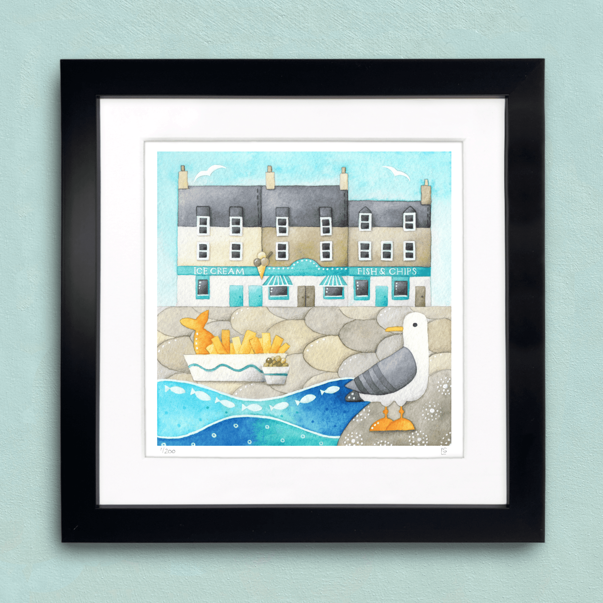 Seagull Framed Print - Anstruther Fish Bar - Seaside Watercolour
