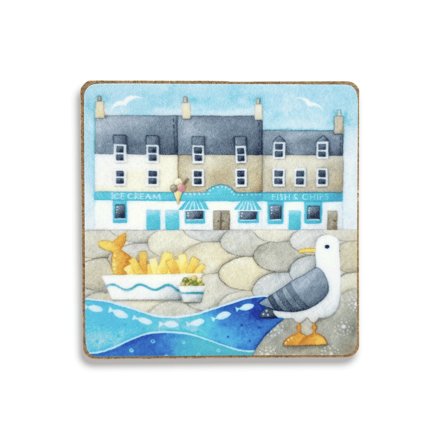 Seagull Fridge Magnet - Fish and Chips - Square Wood - East Neuk Beach Crafts