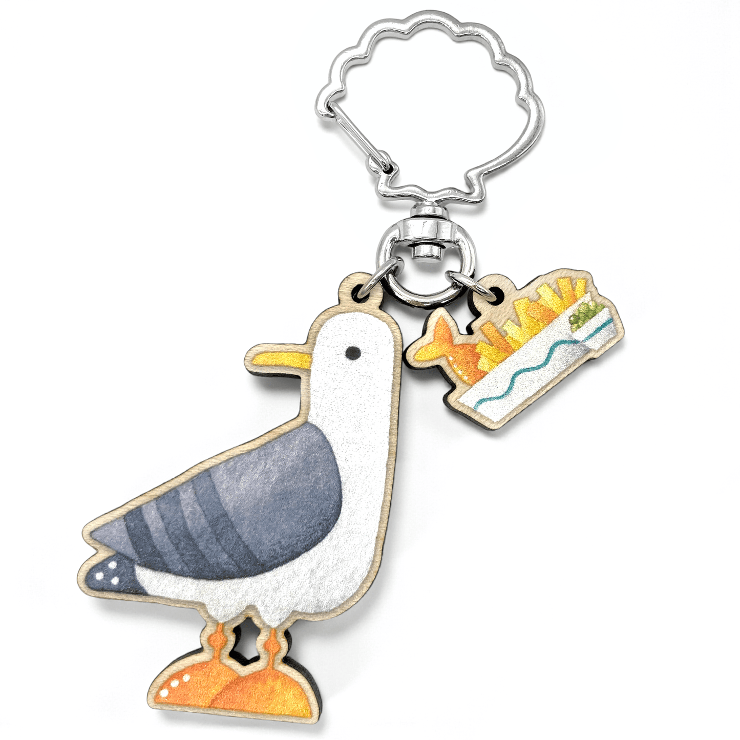 Seagull Keyring - Fish and Chips - Wooden Seaside Key Chain - East Neuk Beach Crafts