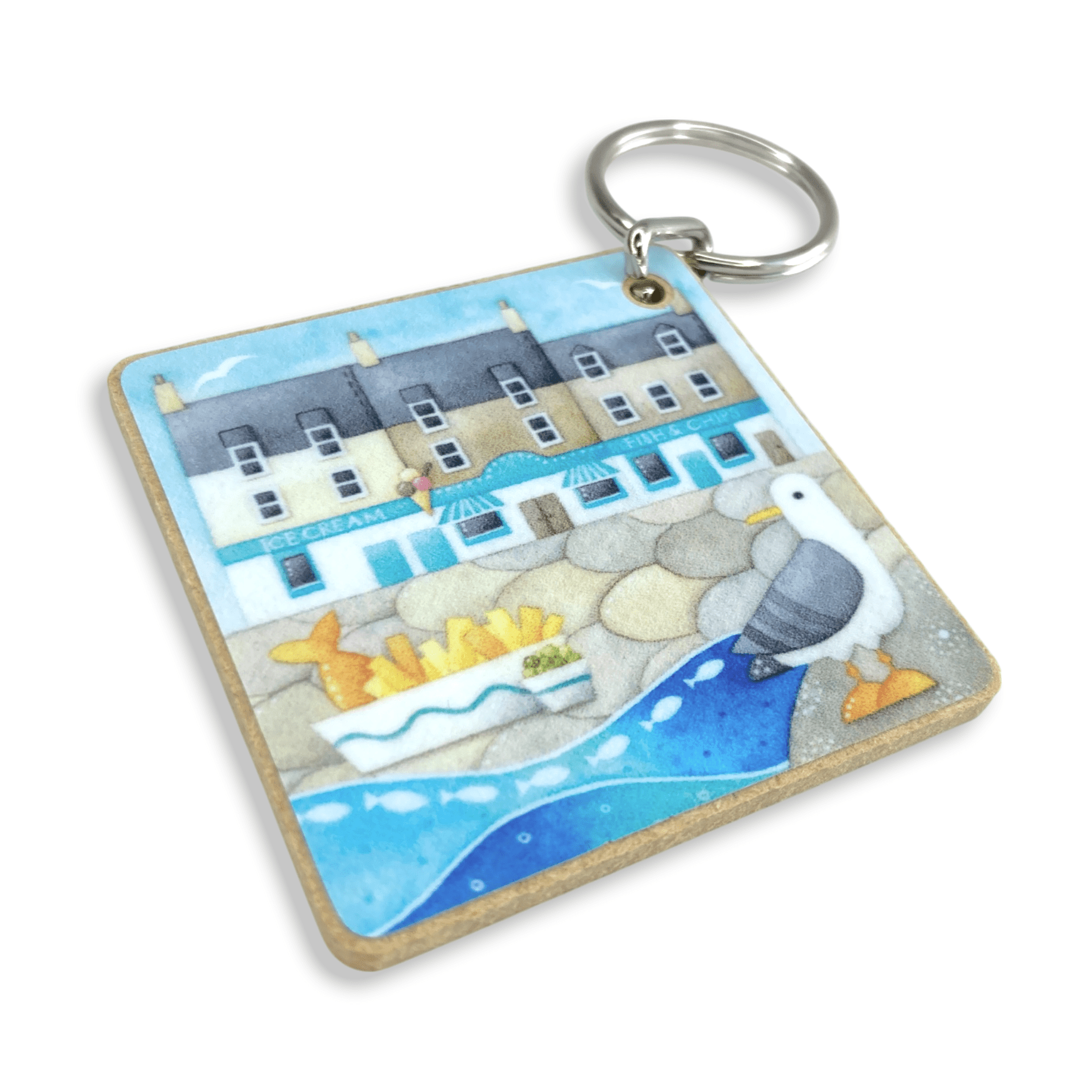 Seagull Keyring - Square Wooden Key Chain - East Neuk Beach Crafts