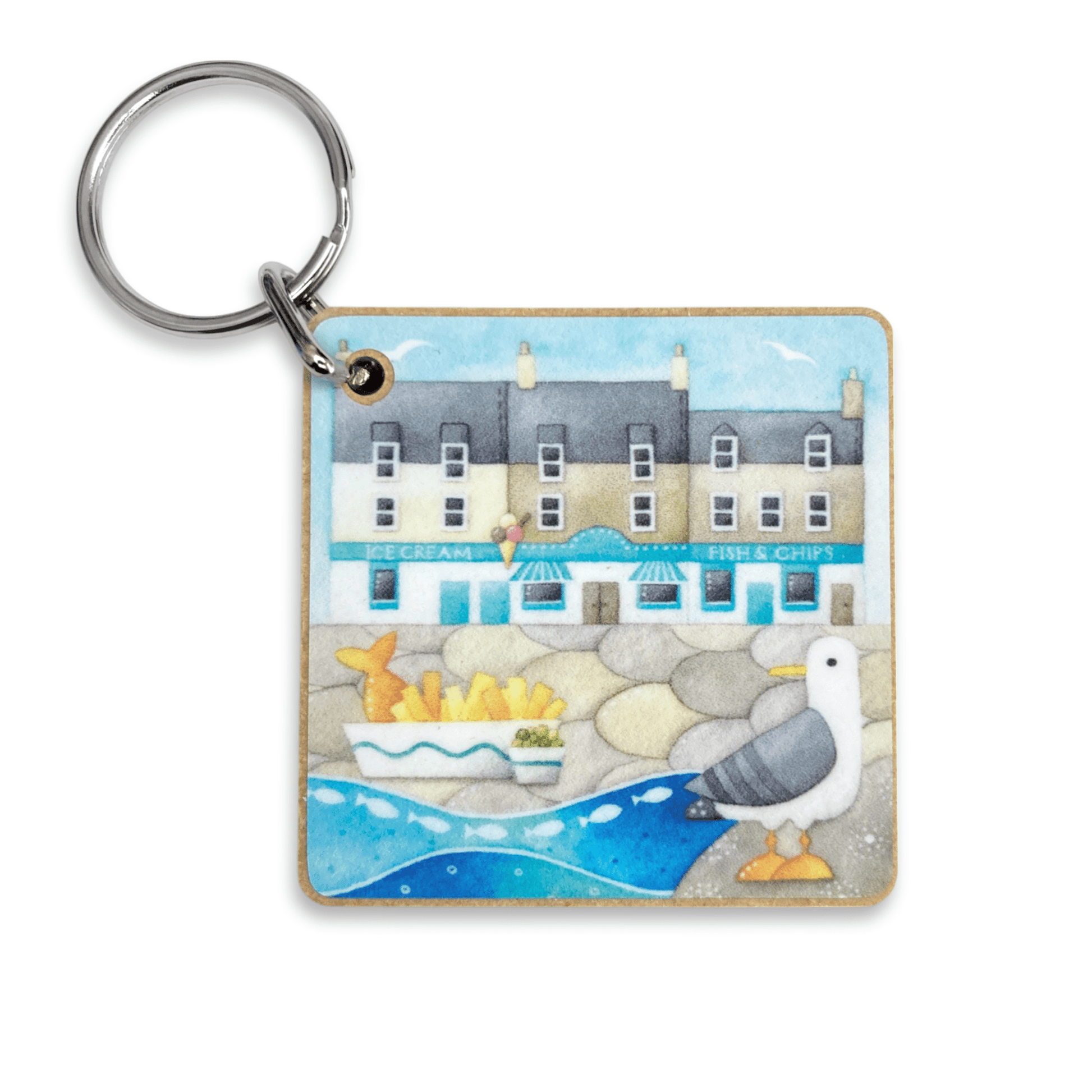 Seagull Keyring - Square Wooden Key Chain - East Neuk Beach Crafts