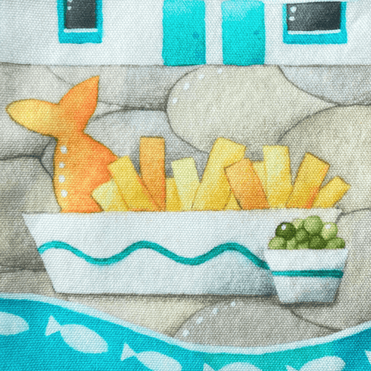 Seagull Shopping Bag - Seaside Tote Bag - Seagull with Fish and Chips - East Neuk Beach Crafts