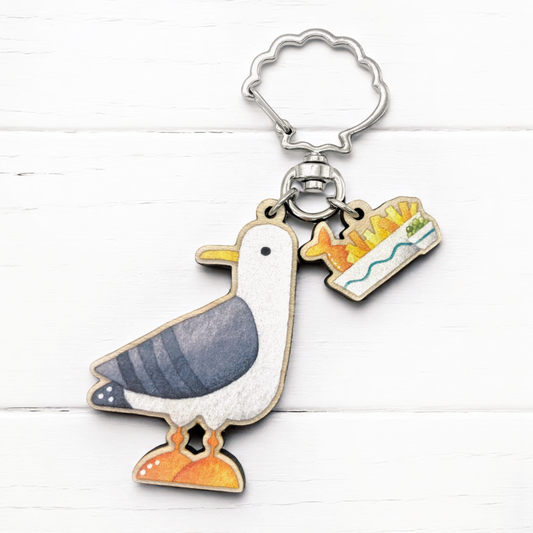 Wooden Keyring - Seagull with Fish and Chips - Maple Wood Key Chain with Shell Clasp