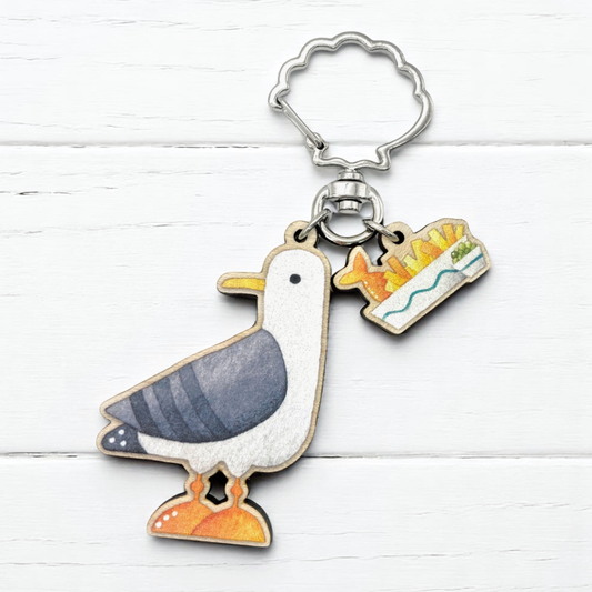 Wooden Keyring - Seagull with Fish and Chips - Maple Wood Key Chain with Shell Clasp