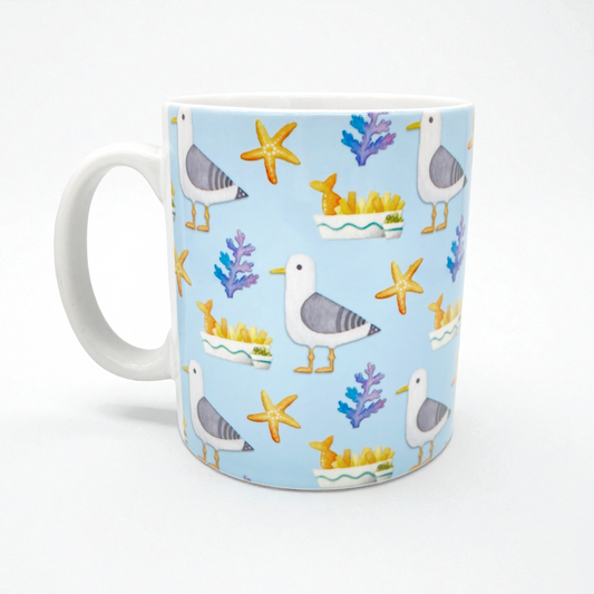 Seagull and Chips Mug - Seaside Watercolours